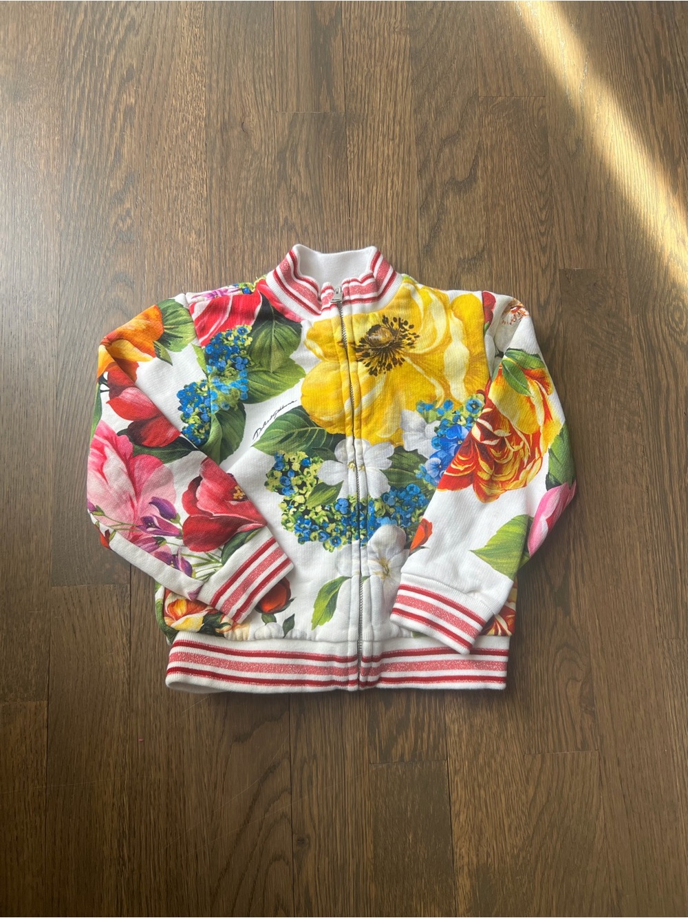 Dolce & Gabbana White Floral Zip-Up Jacket with Red and Pink Glitter Trim